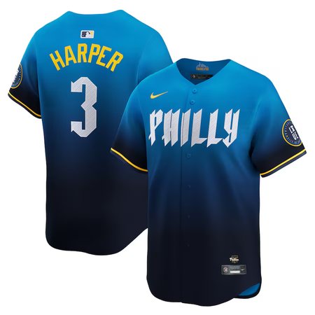 Men's Philadelphia Phillies #3 Bryce Harper Blue 2024 City Connect Limited Player Jersey